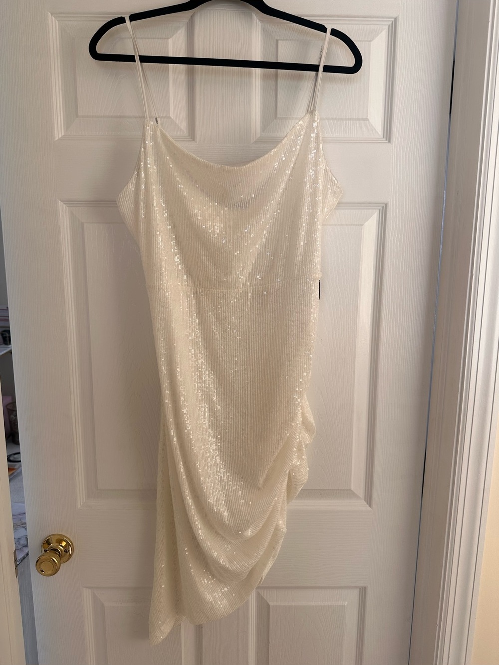 NWT Express White Sequin Lined Ruched Midi Dress | Size Large